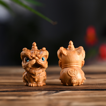 Hand-Carved Aromatic Cypress Lion Dance Figurine – Cute Wooden Home & Desk Decor | Zen Ara Grove