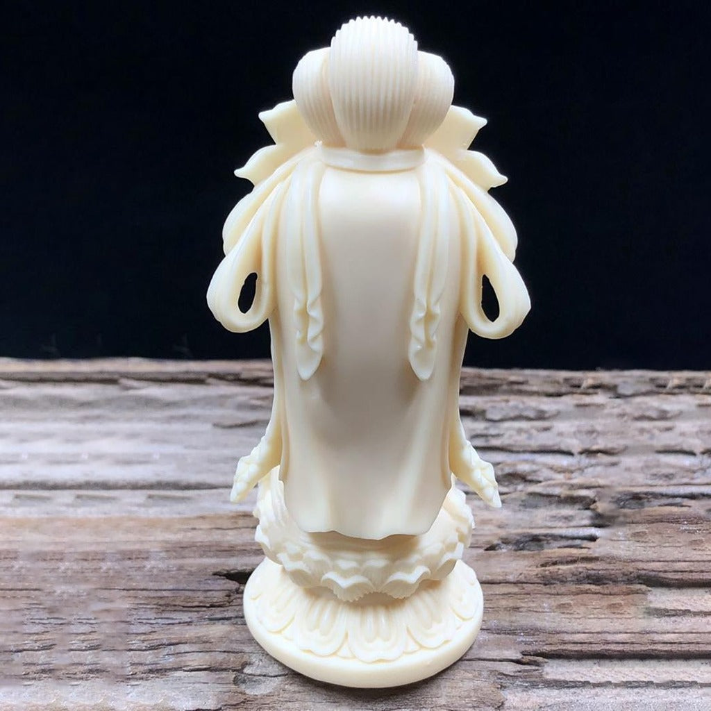 Hand-Carved Tagua Guanyin Statue with Lotus Base – Symbol of Compassion, Blessings & Peace | Zen Ara Grove