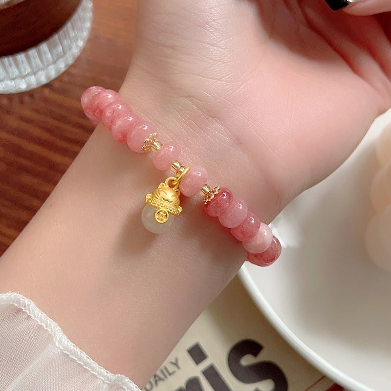 Strawberry Quartz Cyan Jade Lucky Cat Beads Healing Bracelet | Zen Ara Grove