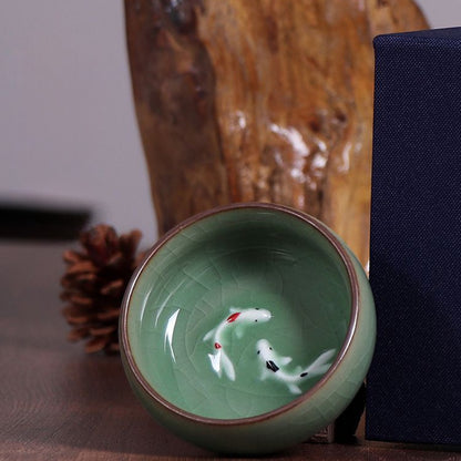 Twin Koi Celadon Crackle Teacup