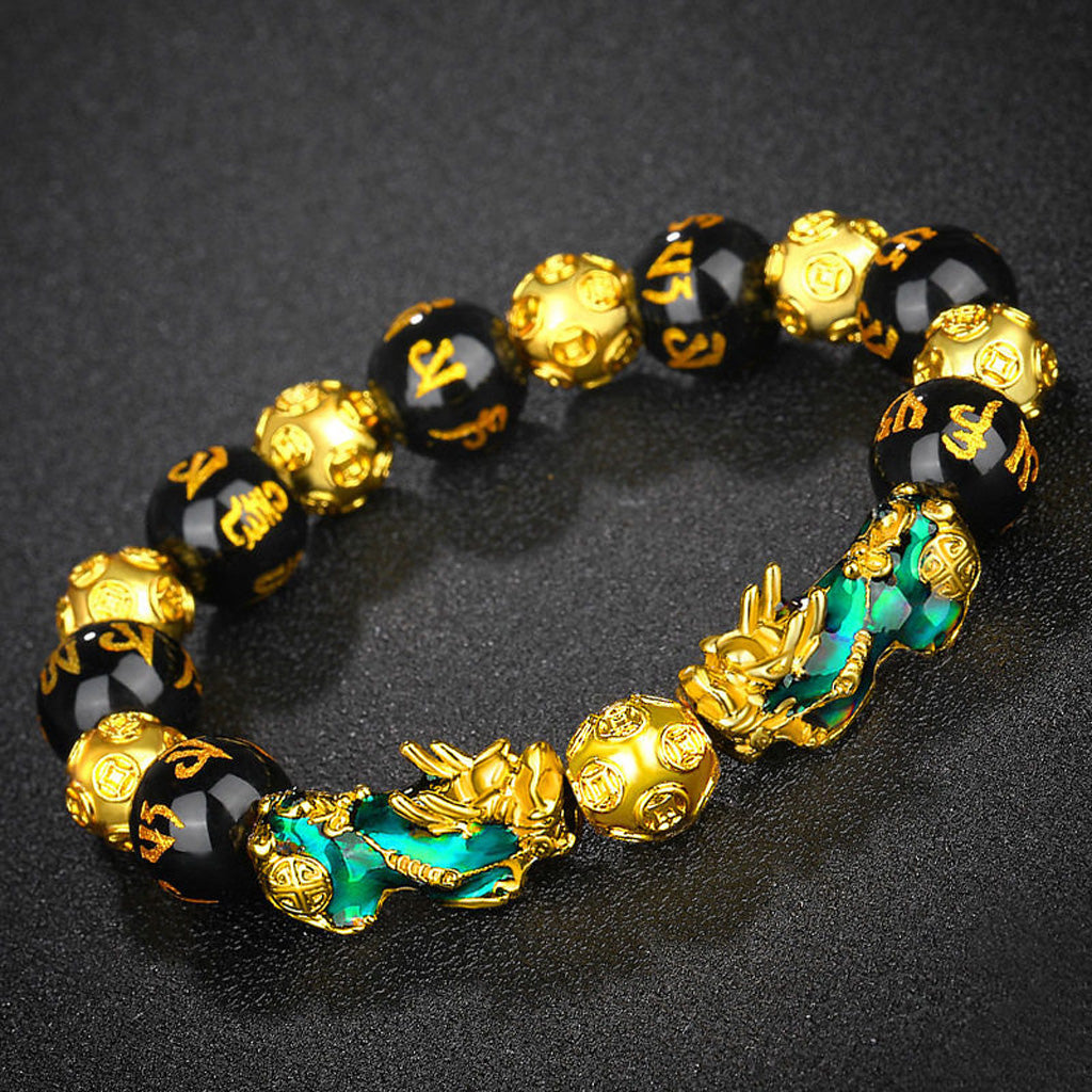 Thermo‑Color Changing Pixiu Obsidian Mantra Bracelet – Symbol of Protection and Fortune | Zen Ara Grove