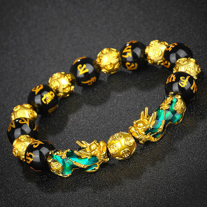 Thermo‑Color Changing Pixiu Obsidian Mantra Bracelet – Symbol of Protection and Fortune | Zen Ara Grove