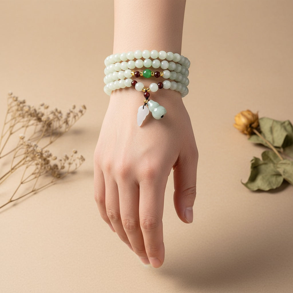 108‑Bead Tri‑Circle Jade Mala Bracelet · Auspicious Gourd Charm | Zen Ara Grove