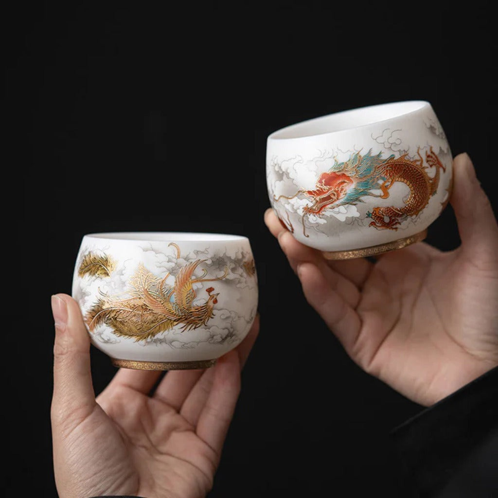 Milky White Porcelain Mug with Dragon and Phoenix Motif – Elegant & Durable | Zen Ara Grove
