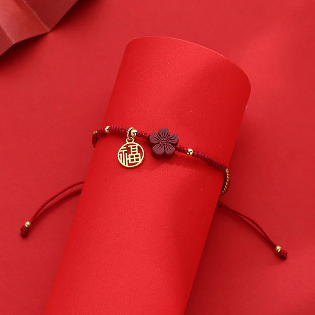 Adjustable Cord Bracelet with Cinnabar Red Flower and Fu Charm — Hope & Blessing