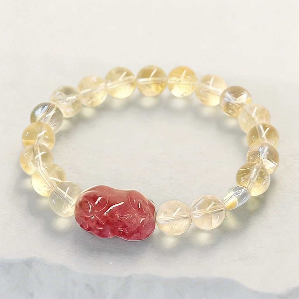Hand‑Carved Strawberry Quartz Pixiu with Citrine Beads — Meaning of Wealth & Positive Flow | Zen Ara Grove