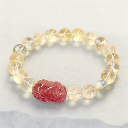 Hand‑Carved Strawberry Quartz Pixiu with Citrine Beads — Meaning of Wealth & Positive Flow | Zen Ara Grove