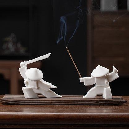 Kung Fu Zen Ceramic Incense Holder – Martial Artist Duel Figurine | Zen Ara Grove