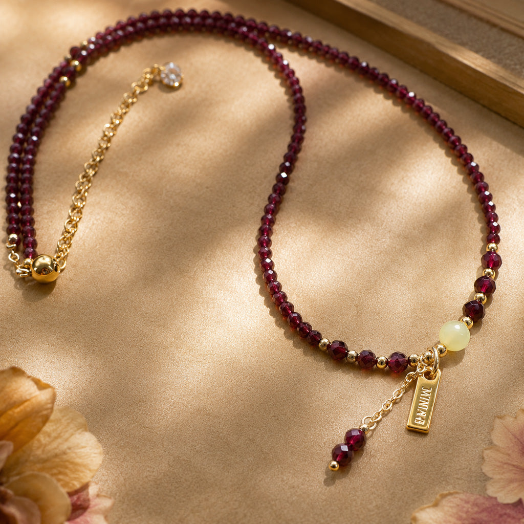 Adjustable Multi-Wrap Garnet Bracelet with Gold-Tone Accents
