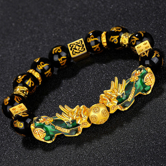Thermo‑Color Changing Pixiu Obsidian Mantra Bracelet – Symbol of Protection and Fortune | Zen Ara Grove