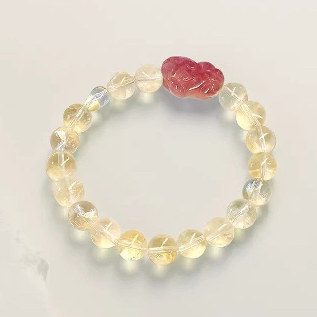 Hand‑Carved Strawberry Quartz Pixiu with Citrine Beads — Meaning of Wealth & Positive Flow | Zen Ara Grove