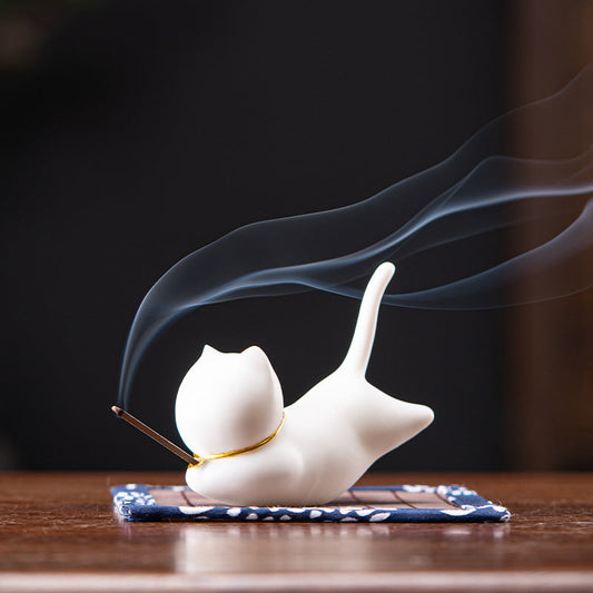 White Ceramic Cat Incense Burner Decor