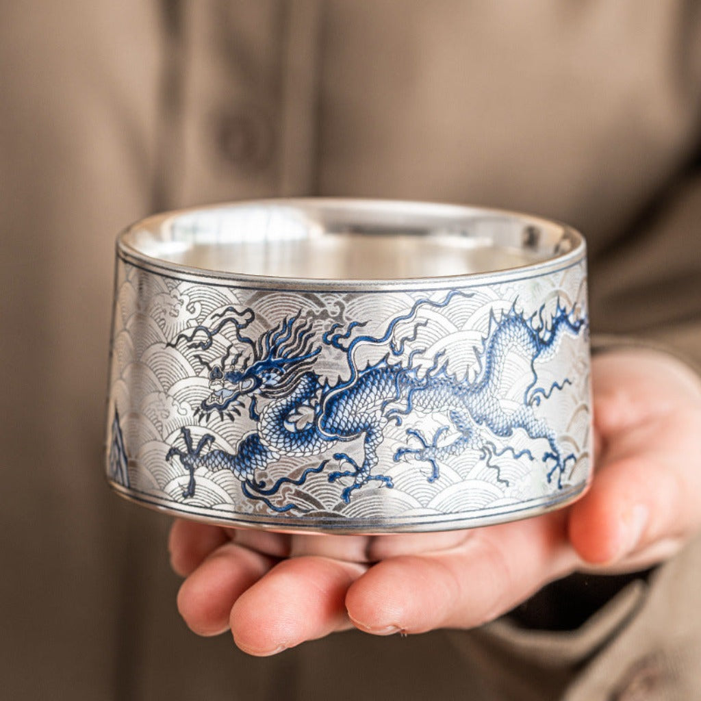 Silver-Gilded Dragon Motif Ceramic Tea Cup – Handcrafted Elegance | Zen Ara Grove