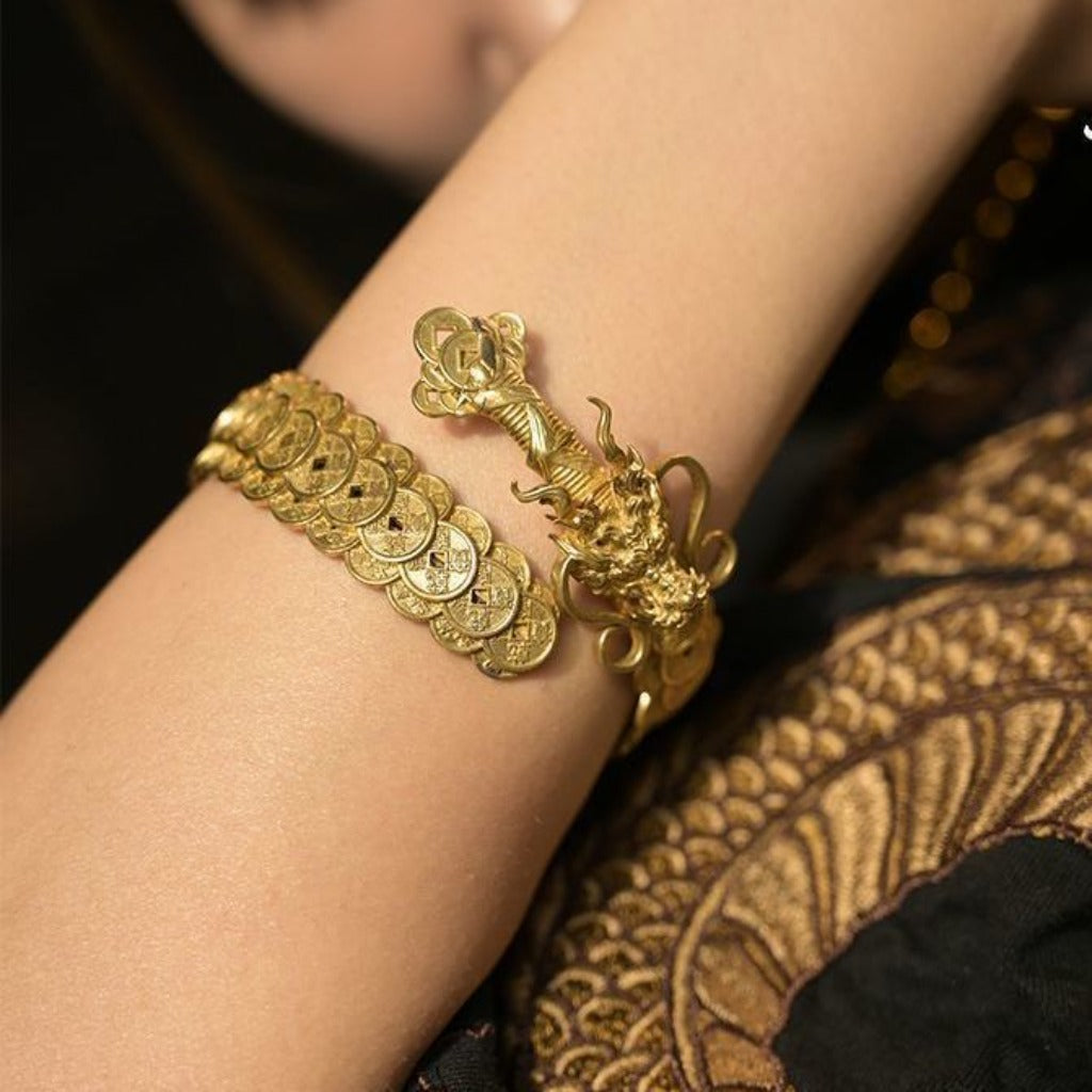 Vintage Copper Coin Dragon Sword Bracelet – Fortune & Protection Talisman | Zen Ara Grove