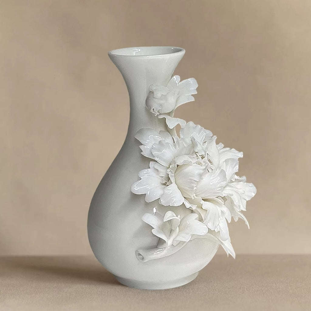 Handcrafted Heritage Ceramic Peony Vase – Blossoms Growing from the Surface | Zen Ara Grove