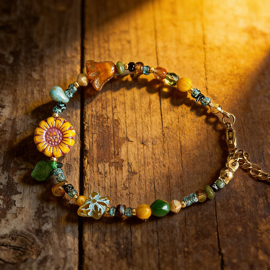Van Gogh Sunflower Vintage Czech Bead Bracelet – Handcrafted Nostalgic Bloom | Zen Ara Grove