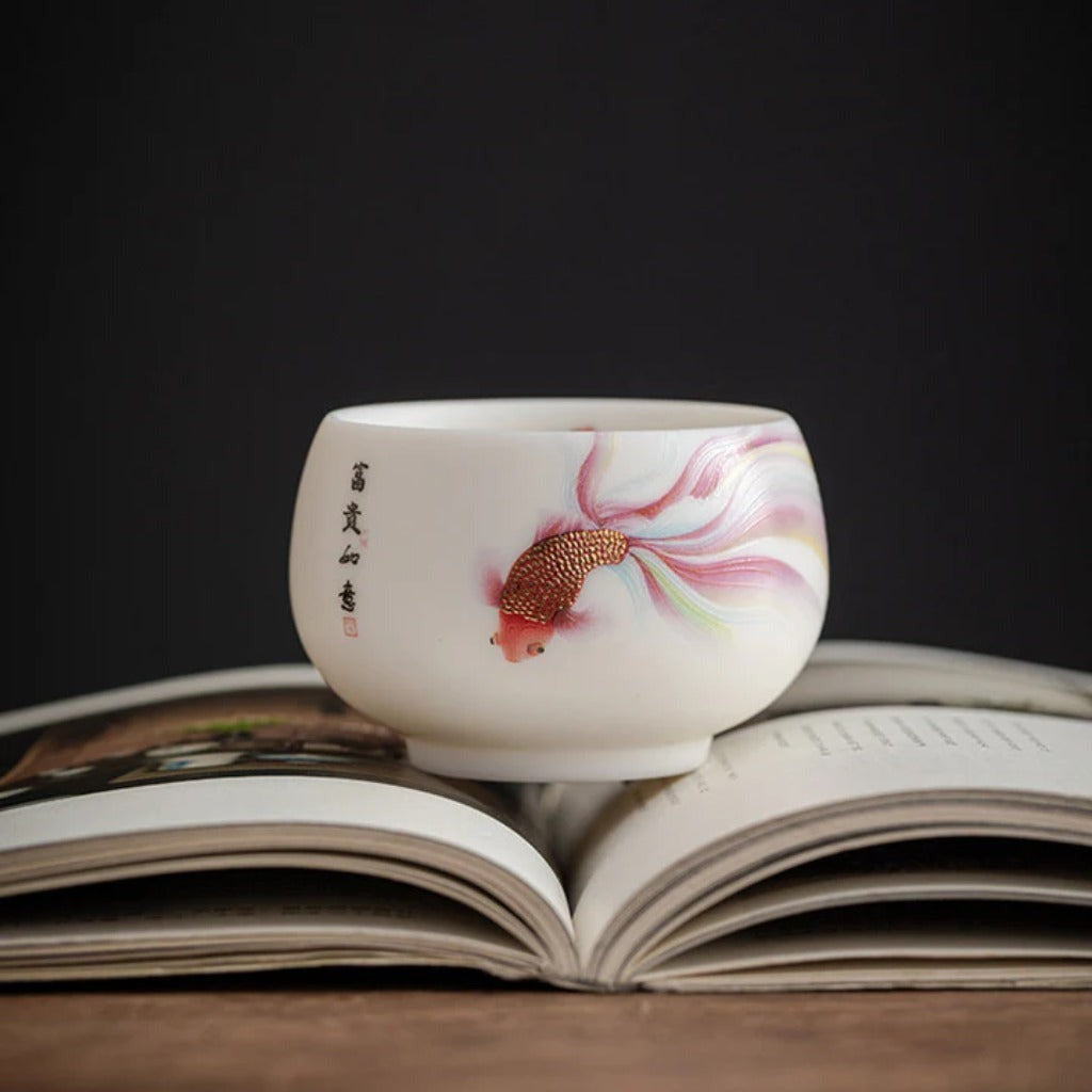 Milky White Ceramic Mug with Koi Motif – Elegant Glaze for Hot and Cold Drinks | Zen Ara Grove