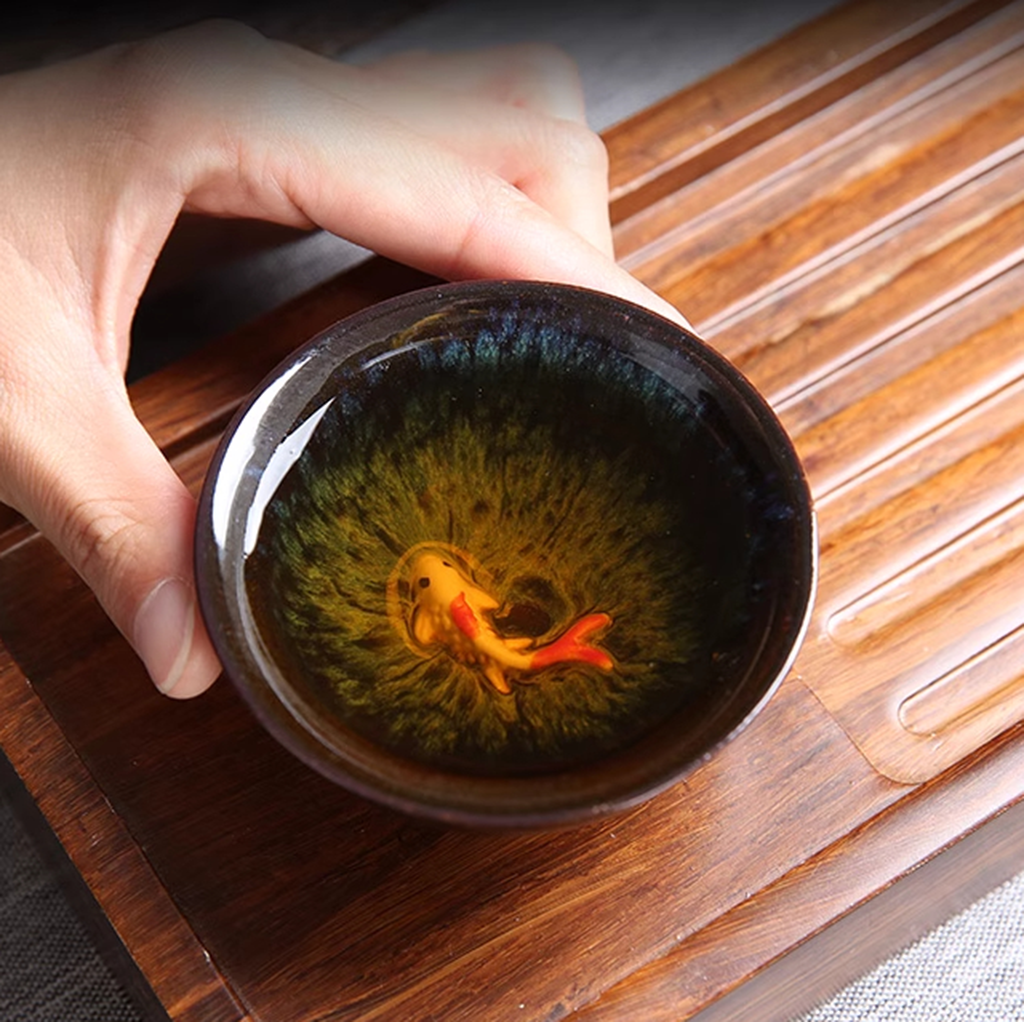 Artisan Porcelain Tea Cup – Unique Kiln-Varied Colors with Koi Design | Zen Ara Grove