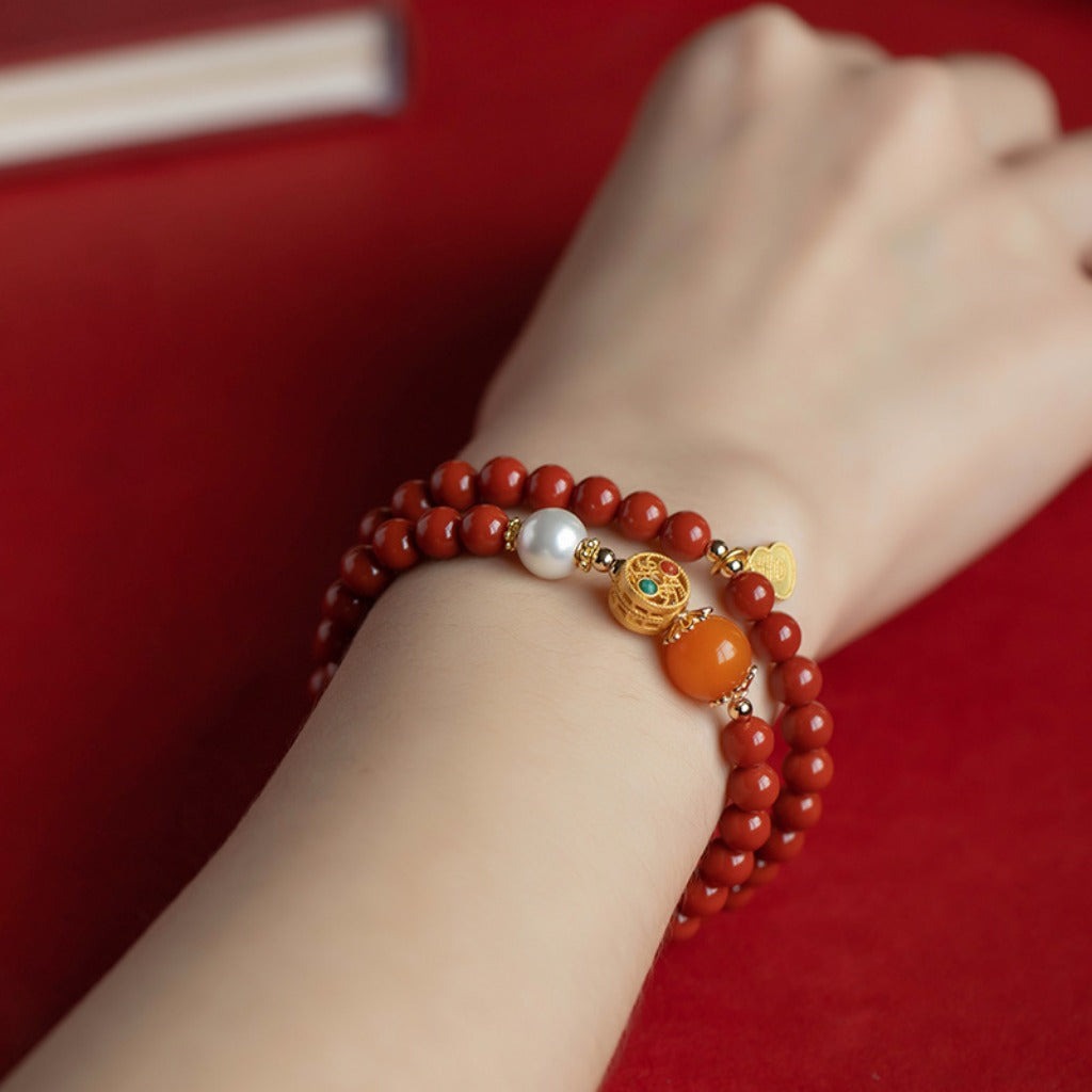 Double-Layer Cinnabar Mala · Golden Heart Inlay