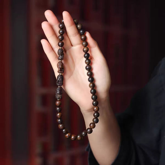 Hand‑Carved Four‑No‑Evil Buddha & Agarwood Bead Double‑Circle Bracelet – Symbol of Peace and Balance | Zen Ara Grove