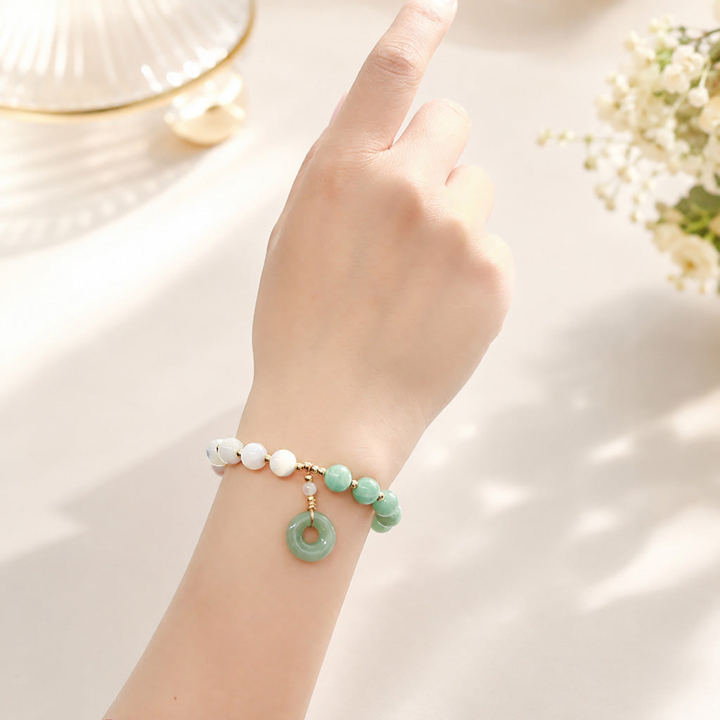 Jade and Natural Trochus Shell Stretch Bracelet with Peace Buckle Charm — Peace & Balance