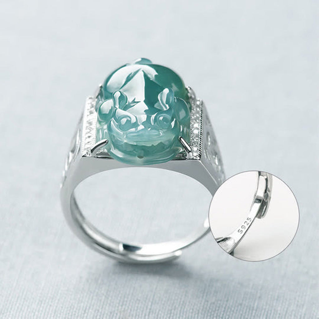 S925 Sterling Silver Adjustable Jade Pixiu Ring – Wealth & Protection | Zen Ara Grove