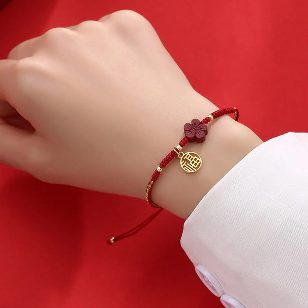 Adjustable Cord Bracelet with Cinnabar Red Flower and Fu Charm — Hope & Blessing