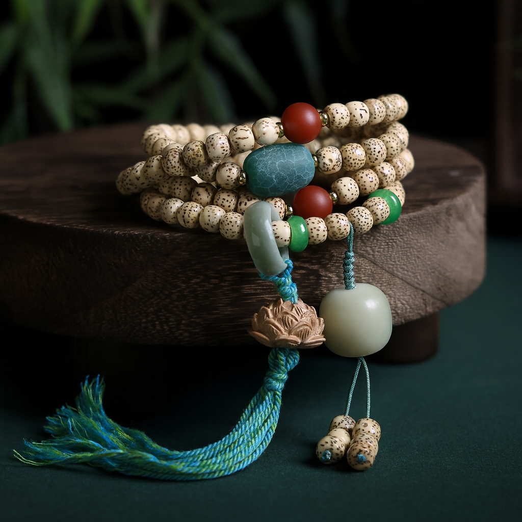Star-Moon Bodhi Seed Bracelet with Red Agate, Jade, and Sandalwood Lotus Charm