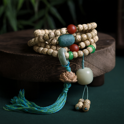 Star-Moon Bodhi Seed Bracelet with Red Agate, Jade, and Sandalwood Lotus Charm
