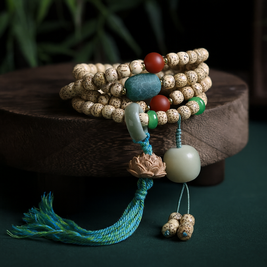 Star-Moon Bodhi Seed Bracelet with Red Agate, Jade, and Sandalwood Lotus Charm