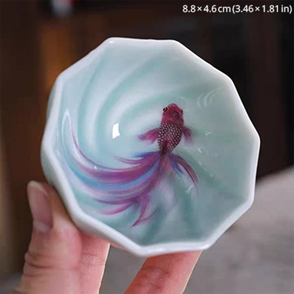 Celadon Porcelain Koi Fish Teacup – Artistic Green Glaze Tea Bowl | Zen Ara Grove