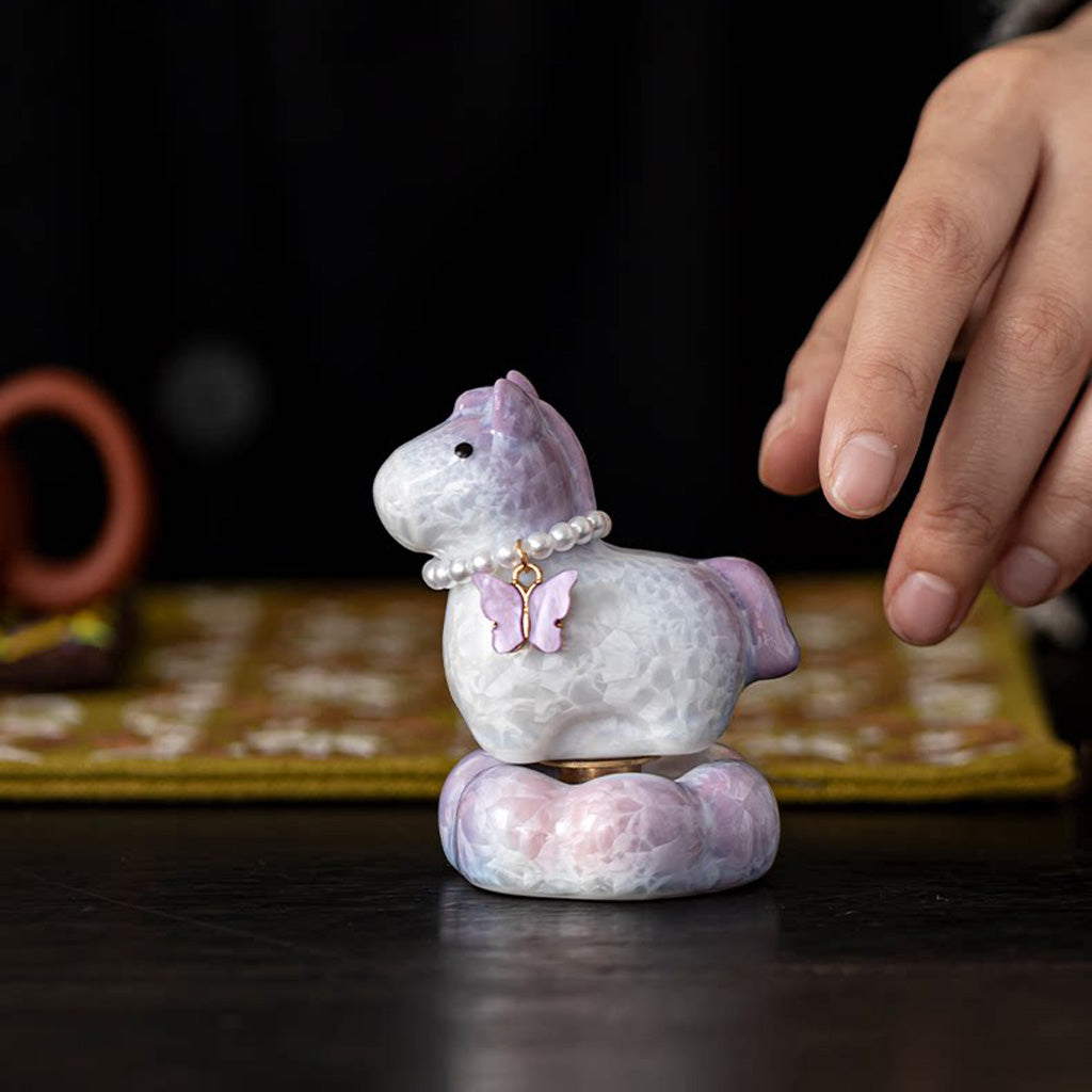 Crystal‑Glazed Ceramic Horse Figurine – Symbol of Vitality & Good Fortune – Rotating Design Tea Table Ornament | Zen Ara Grove