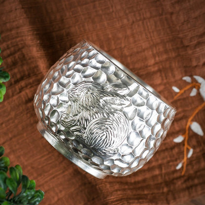 999 Silver Hammered Teacup – Dragon & Phoenix Design – Handcrafted Symbol of Strength and Harmony | Zen Ara Grove