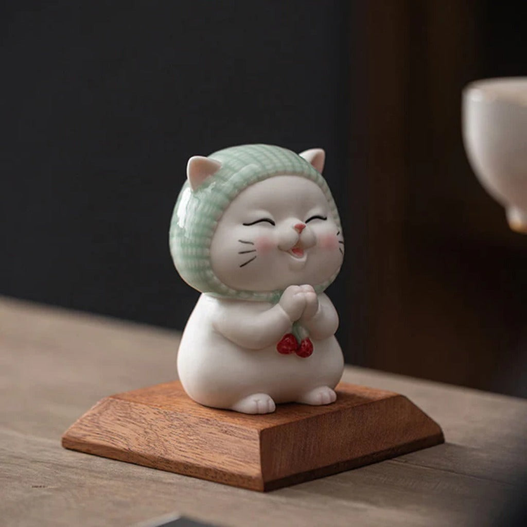 Lucky Cute Cat In Scarf Ceramic Figurine Decoration  | Zen Ara Grove