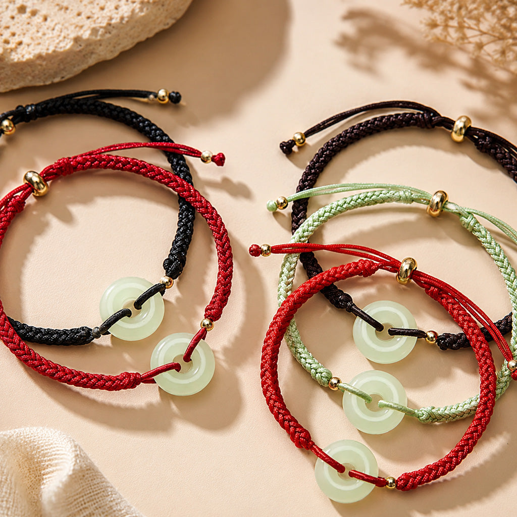 Adjustable Hand-Braided Hetian Jade Peace Buckle Bracelet — Balance & Good Wishes