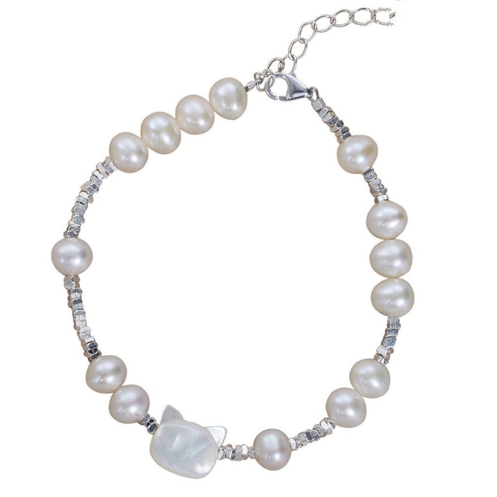 Zen Natural Pearl Bracelet with Cute Cat and White Mother-of-Pearl | Zen Ara Grove