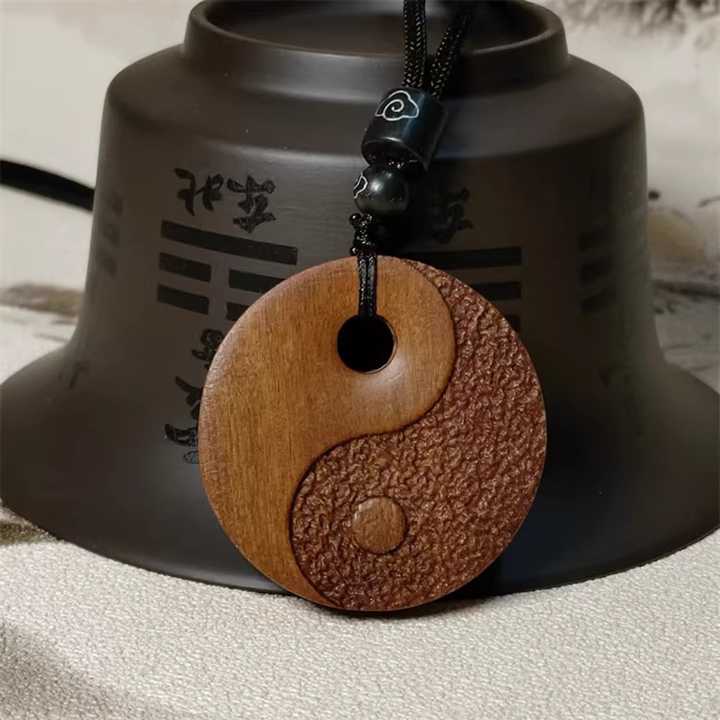 Wearable Daoist Ritual Charm – Hand-Carved Lightning-Struck Jujube Wood Amulet with Taiji-Bagua | Zen Ara Grove