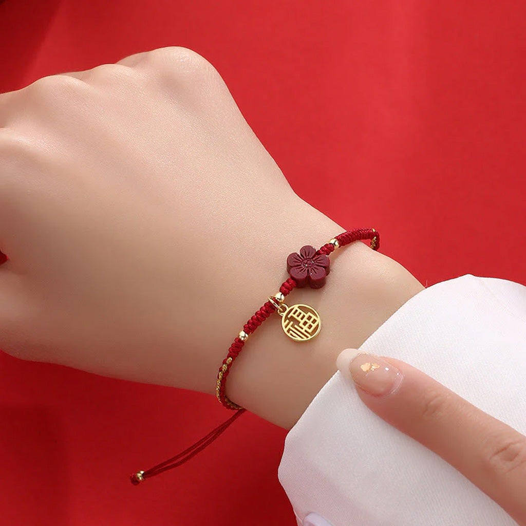 Adjustable Cord Bracelet with Cinnabar Red Flower and Fu Charm — Hope & Blessing
