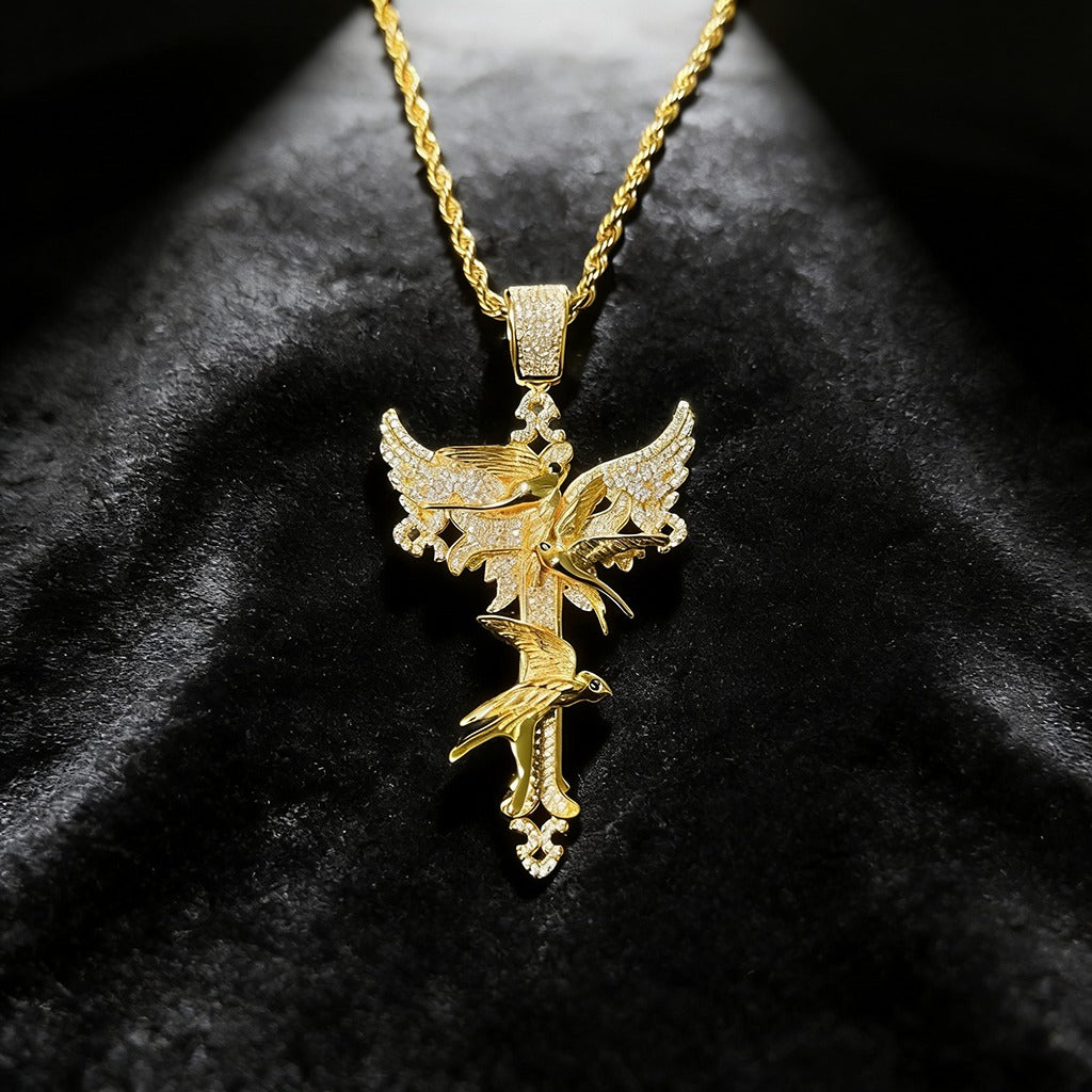 Full Diamond Peace Dove Cross Pendant Necklace – Symbol of Faith and Harmony | Zen Ara Grove