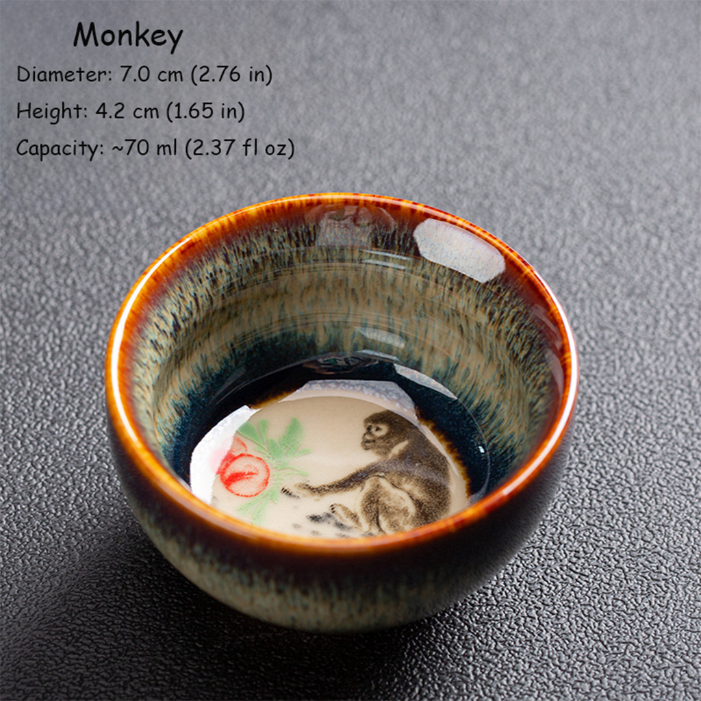 Handcrafted Kiln‑Change Ceramic Teacup with Zodiac Animal Motifs for Good Fortune | Zen Ara Grove