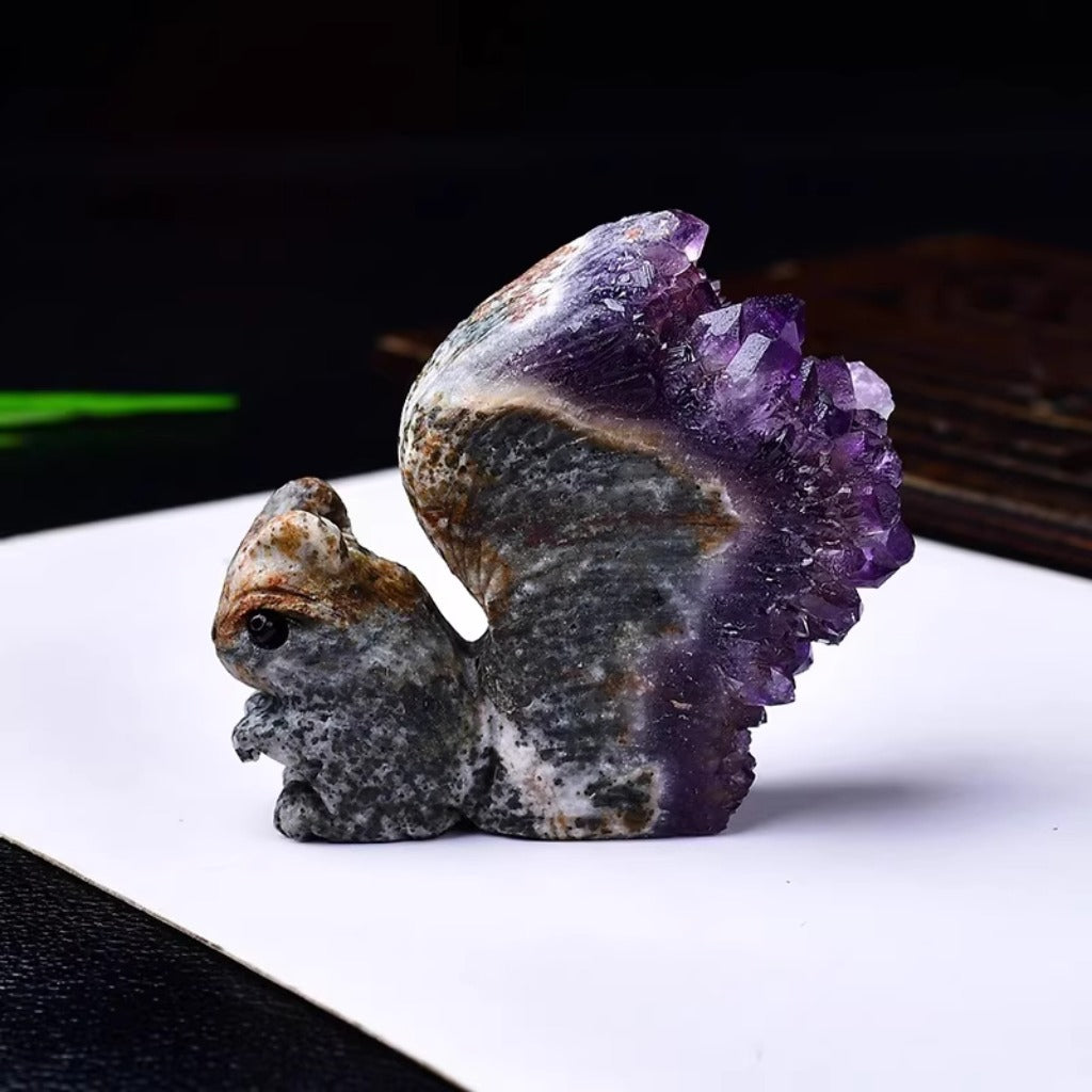 Hand-Carved Squirrel on Natural Amethyst Cluster – Symbol of Energy and Joy | Zen Ara Grove