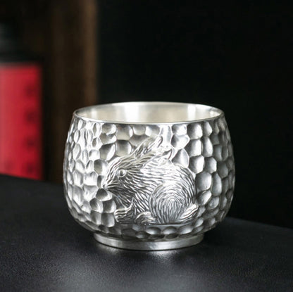 999 Silver Hammered Teacup – Dragon & Phoenix Design – Handcrafted Symbol of Strength and Harmony | Zen Ara Grove