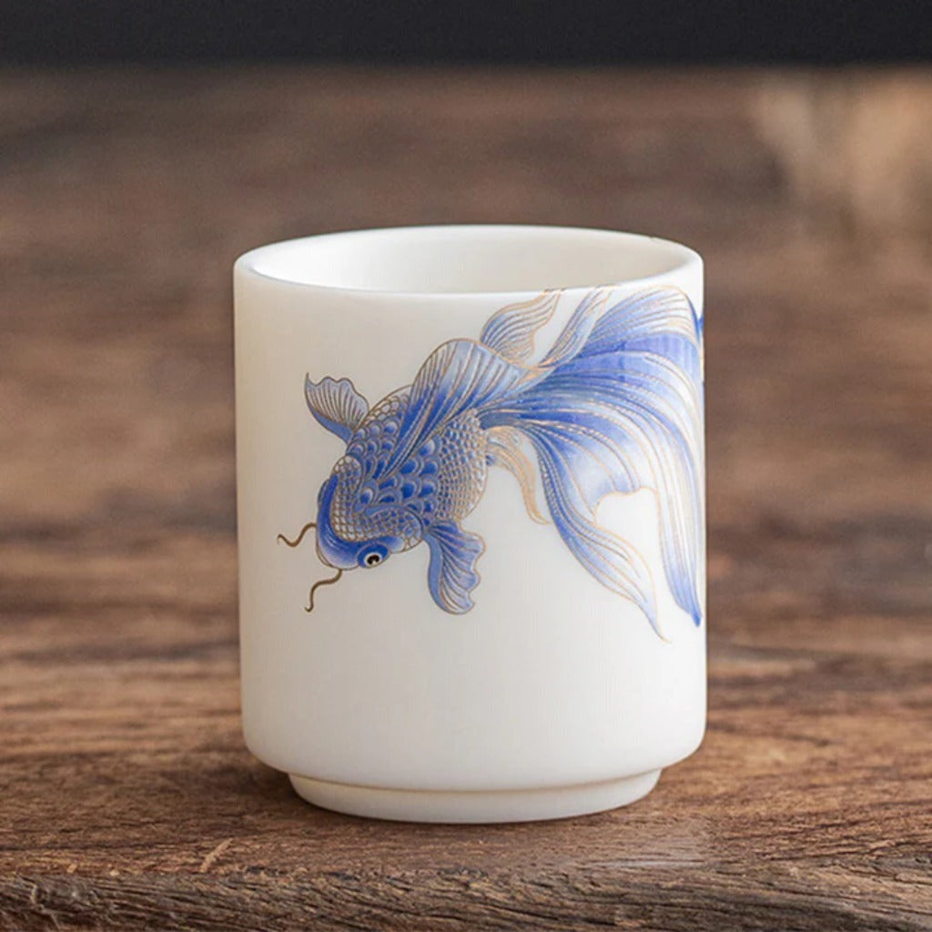 Milky White Ceramic Mug with Koi Motif – Elegant Glaze for Hot and Cold Drinks | Zen Ara Grove