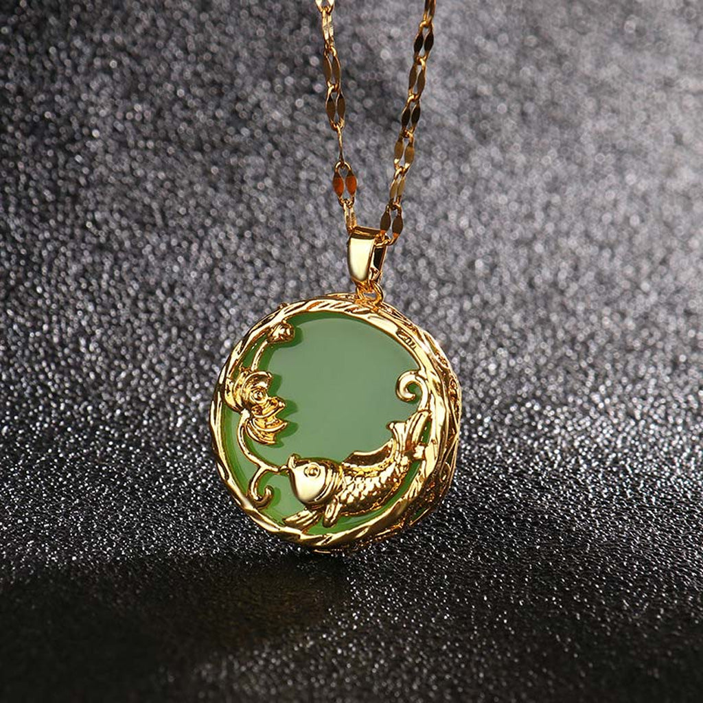 Jade Koi and Lotus Medallion Necklace with Gold-Tone Openwork Frame — Luck & Renewal