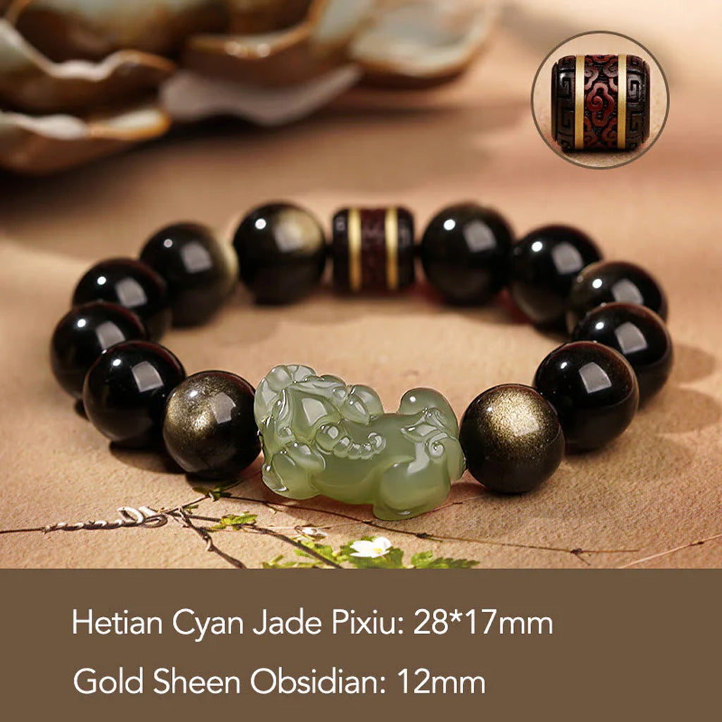 Golden Obsidian & Hetian Jade Pixiu Bracelet – Fortune & Protection | Zen Ara Grove