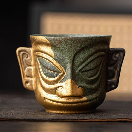 Sanxingdui Gold Mask Ceramic Teacup – Inspired Heritage Drinkware | Zen Ara Grove