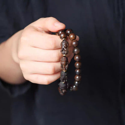 Hand‑Carved Four‑No‑Evil Buddha & Agarwood Bead Double‑Circle Bracelet – Symbol of Peace and Balance | Zen Ara Grove