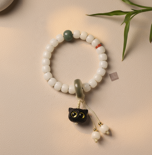Natural Bodhi Seed African Blackwood Lovely Cat Charm Peace Harmony Bracelet | Zen Ara Grove