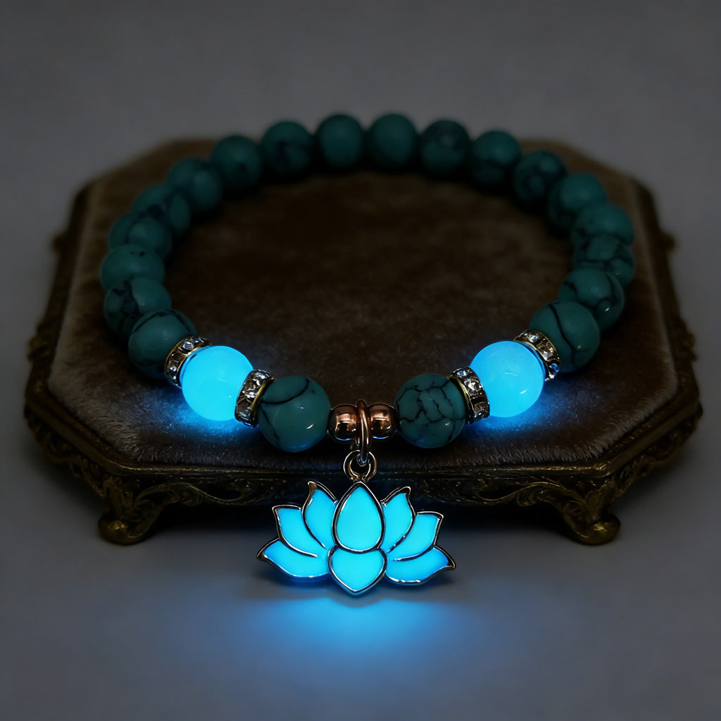 Glow-in-the-Dark Turquoise Lotus Bracelet – Zen Night Calm | Zen Ara Grove