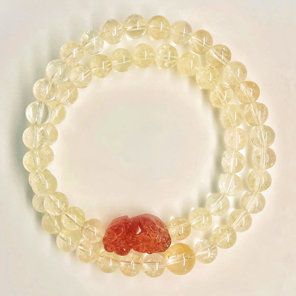 Hand‑Carved Strawberry Quartz Pixiu with Citrine Beads — Meaning of Wealth & Positive Flow | Zen Ara Grove